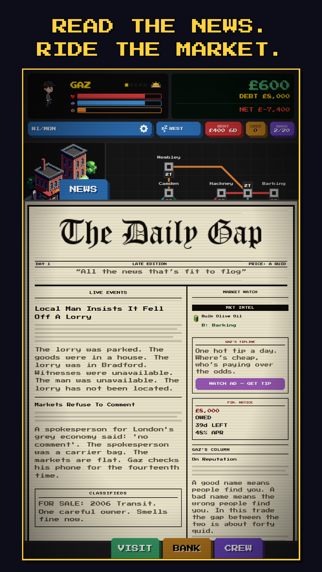 The Daily Gap in-game newspaper with market tips and the loan countdown